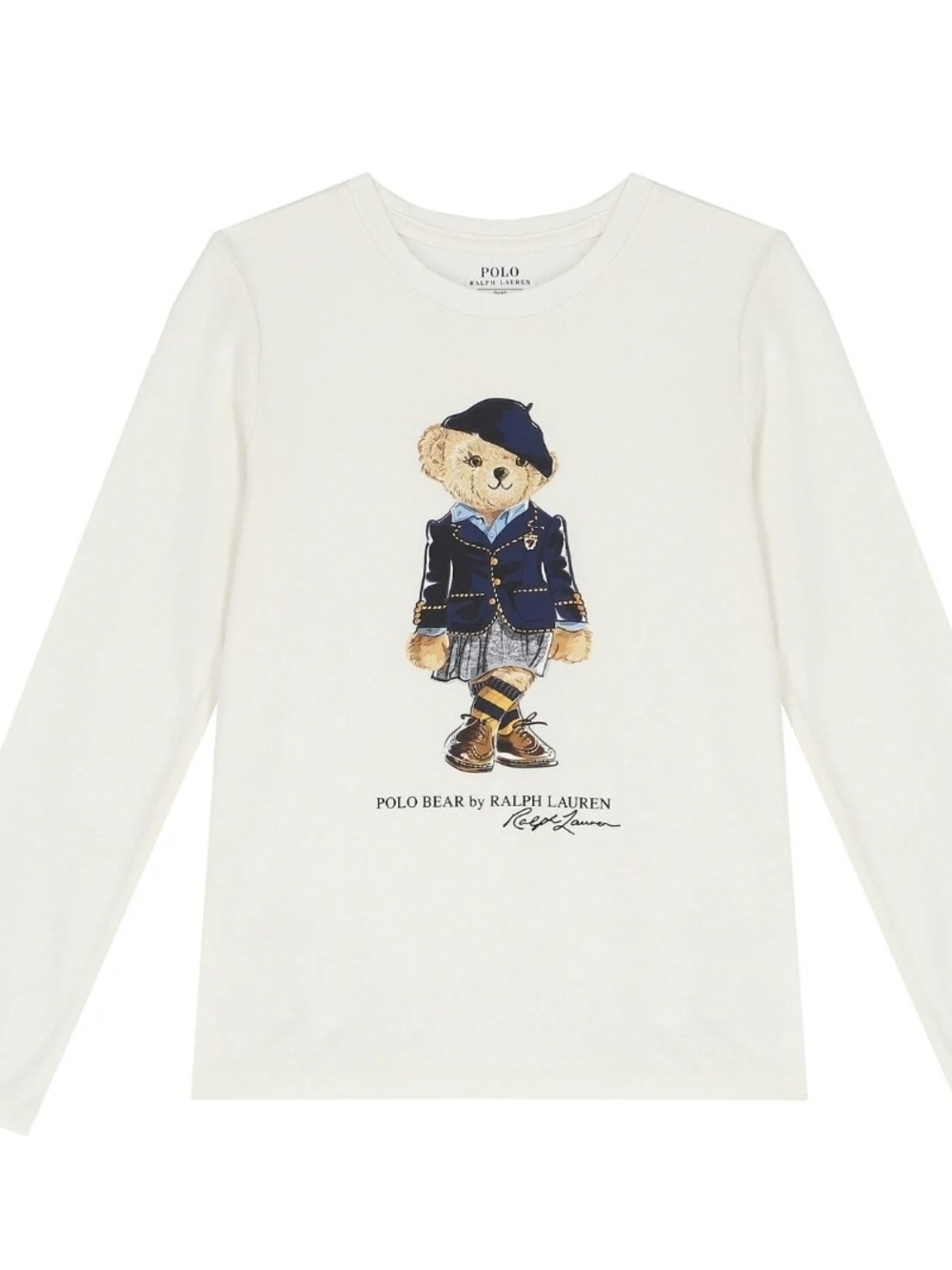 Girls Polo by Ralph Lauren White Long-Sleeve Tee with Navy Polo Bear